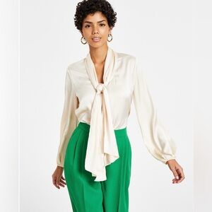 BarIII Cream Satin Tie-Neck Blouse - Women's Top.R13